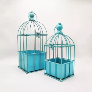 Two Metal Hanging Bird Blue Cage Set Cage on a Light Background.