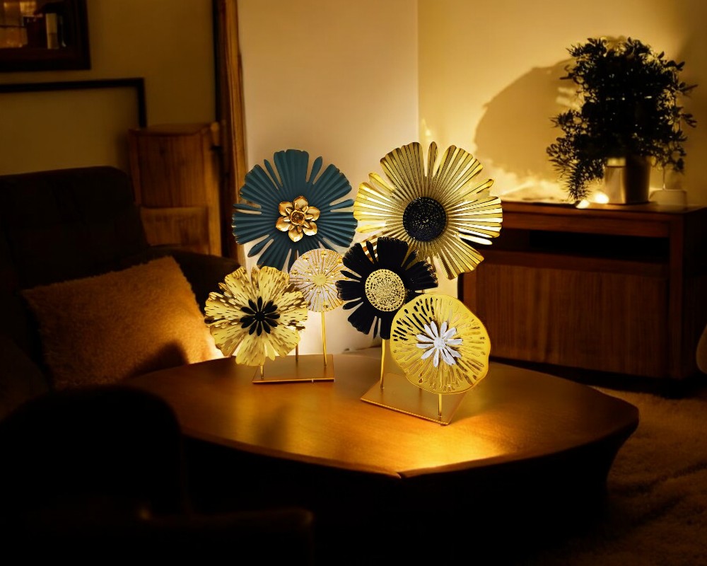 Golden and teal metal flower decor stand for tables