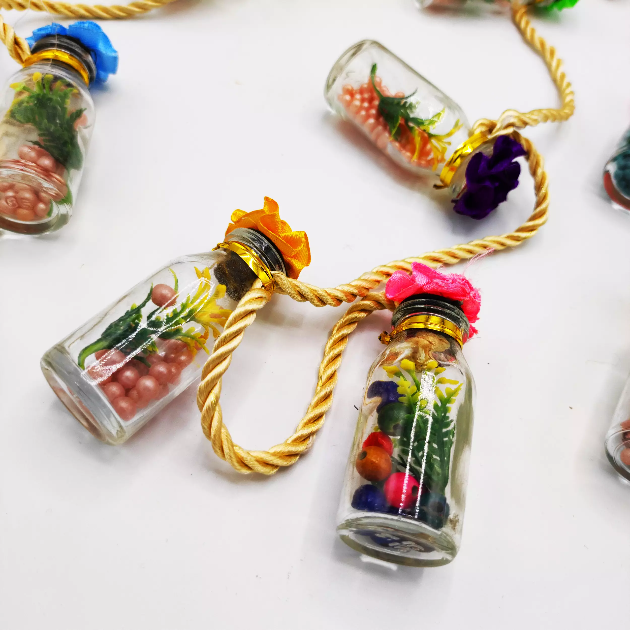 Wishing Bottles with plants and flowers on a rope.